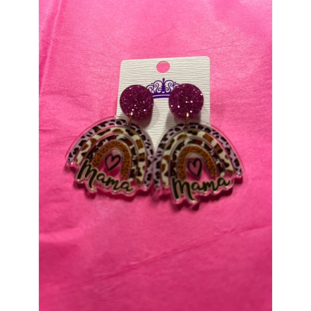 leopard‎ print and glitter mama wood earrings